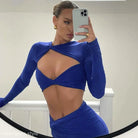 Blue cutout long sleeve crop top and skirt set, sexy long sleeve dress for stylish occasions
