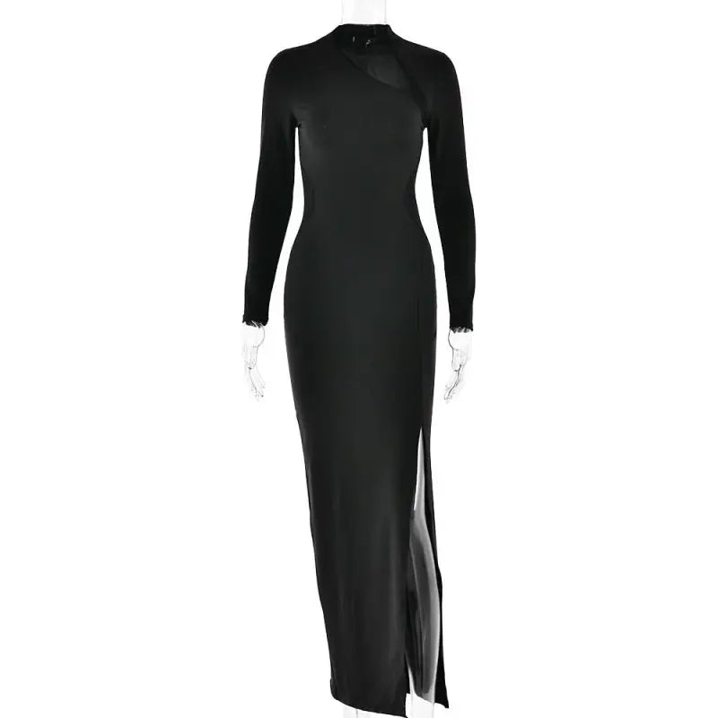 Elegant bodycon maxi dress with a side slit and lace tulle details for a sexy elegant look