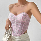 Pink floral corset-style top with a sweetheart neckline and boning corset waist for summer fashion