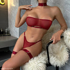 Red sexy four piece set featuring strapless bra, matching bottoms, choker, and thigh garter
