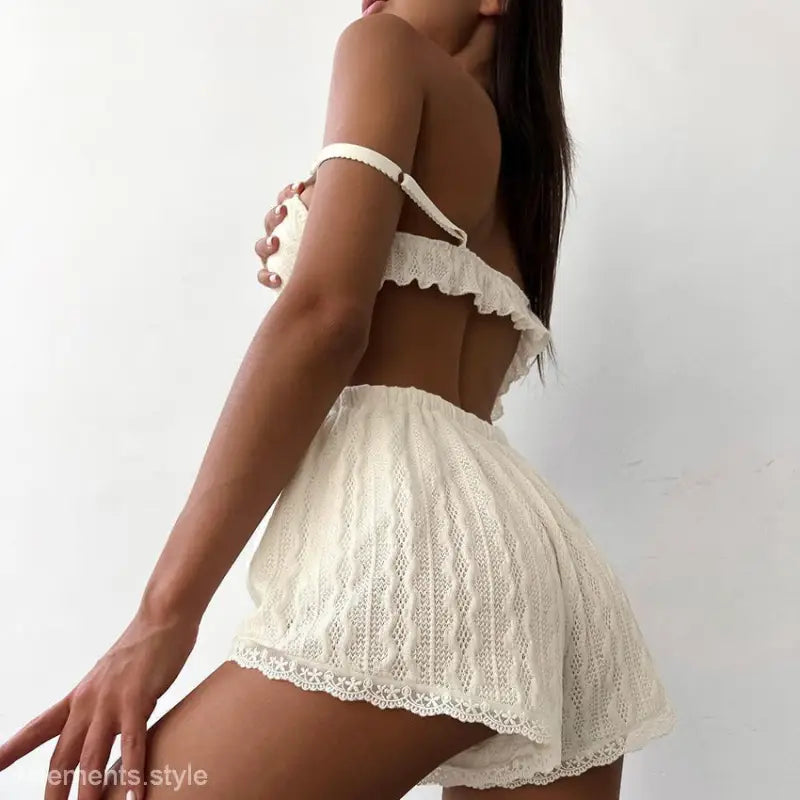 Elegant White Lace Two-Piece French Cutout Pajamas Set with Tulle Sleeves for women