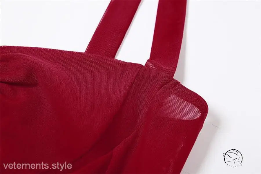 Red halter spaghetti straps crop top with lace and tulle detail, stylish spaghetti straps vest