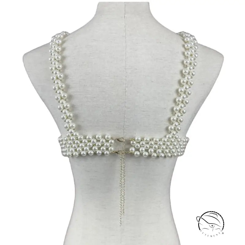 Handmade pearl bra with shoulder straps and back chain closure for summer wear