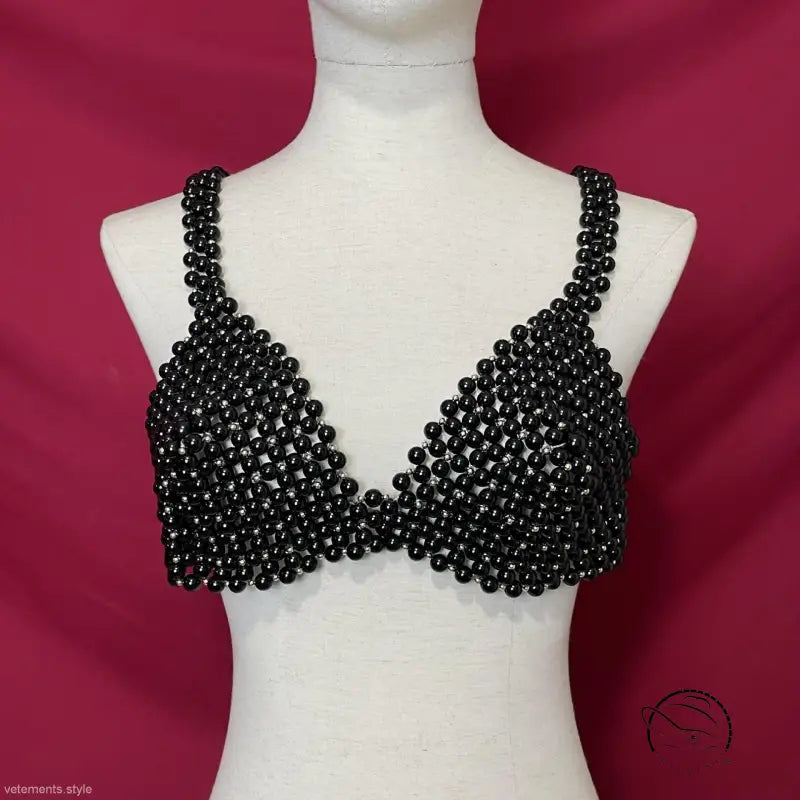 Black handmade pearl bra on white mannequin, elegant sexy handmade pearl camisole for summer