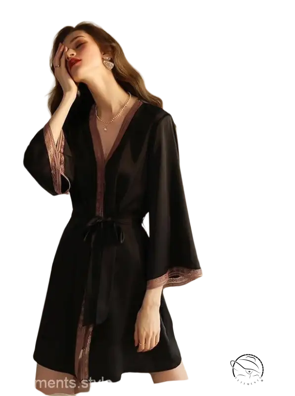 Black ice silk robe with sexy pink lace trim and waist tie