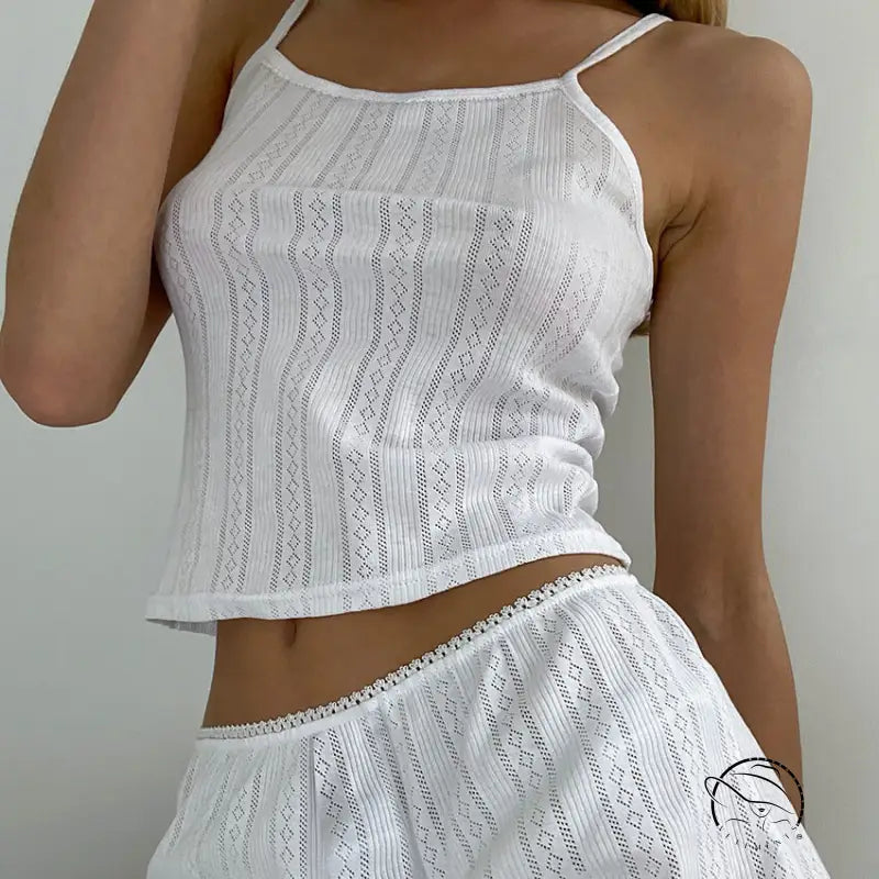 White open-knit camisole and matching shorts from the sexy knitted shorts homewear set