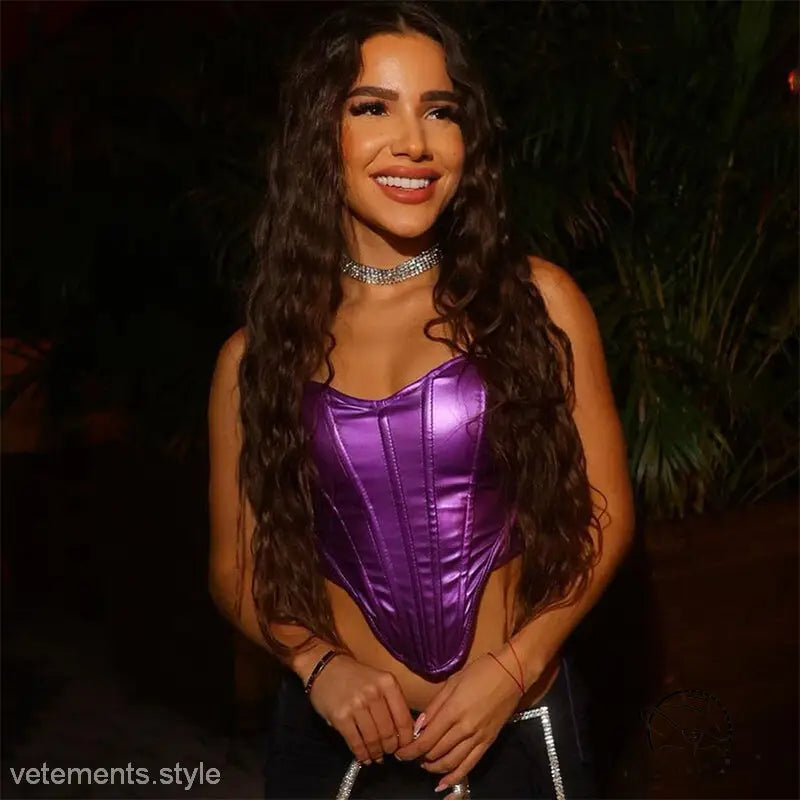 Woman in purple metallic corset top with sparkling choker, langry free shipping