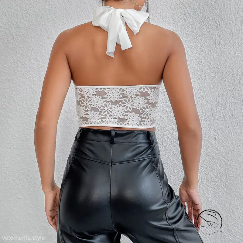 White sexy lace mesh corset halter top with floral tie-back bow