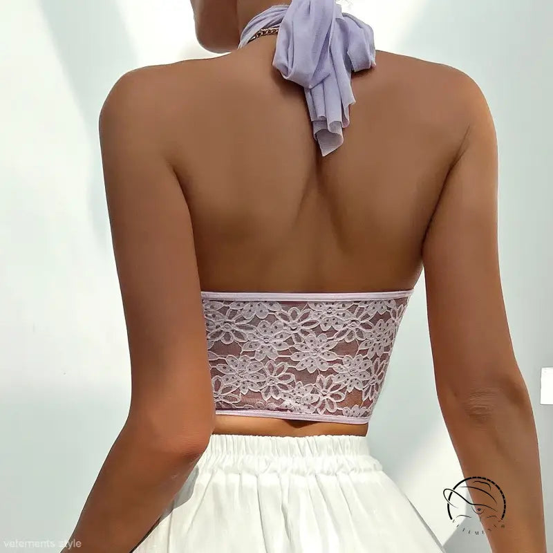 Sexy lace mesh corset halter tank with lavender crop top and floral lace