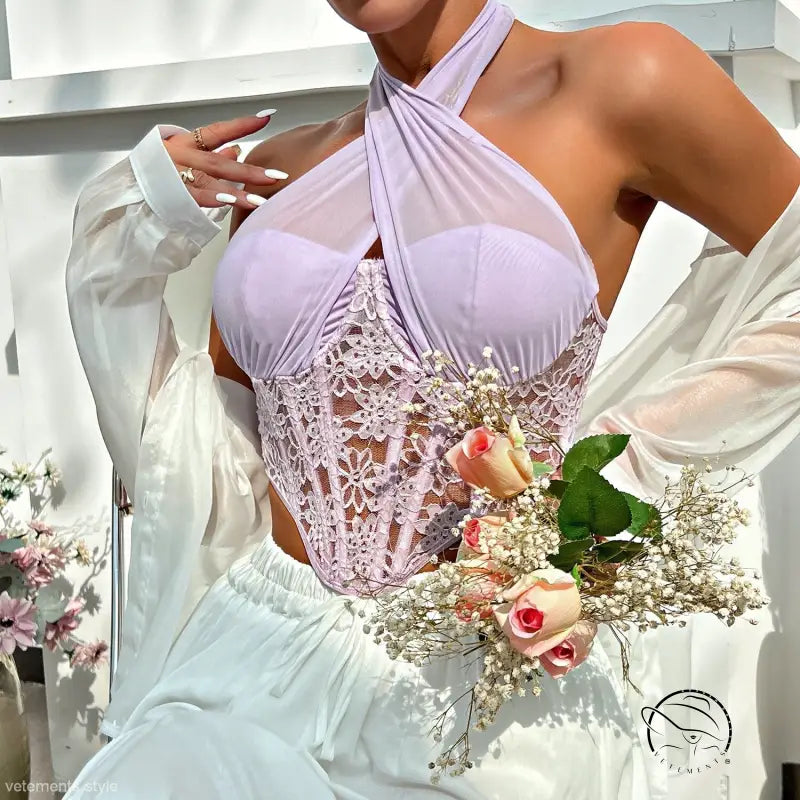 Lilac sexy lace mesh corset halter tank with sheer bust and lace bodice