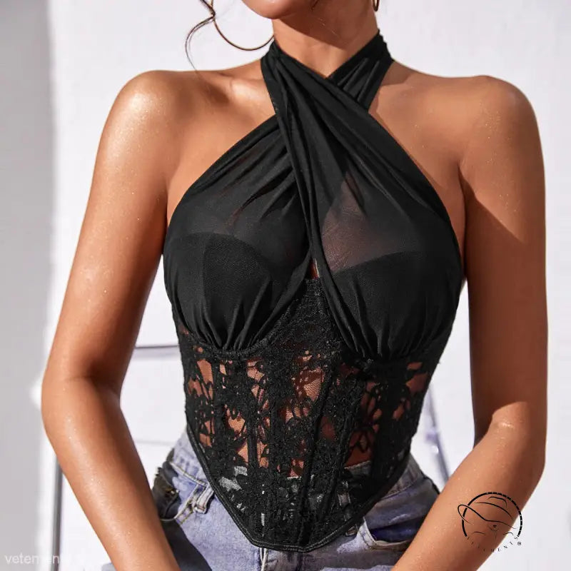 Sexy lace mesh corset halter tank with floral tulle details