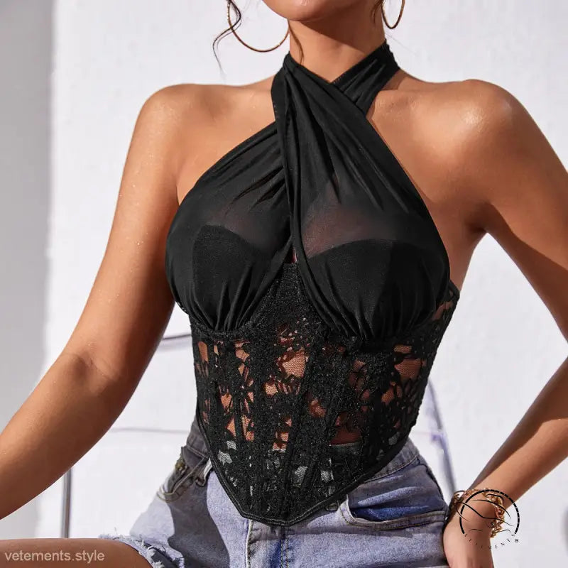 Sexy lace mesh corset halter tank with black lace panels