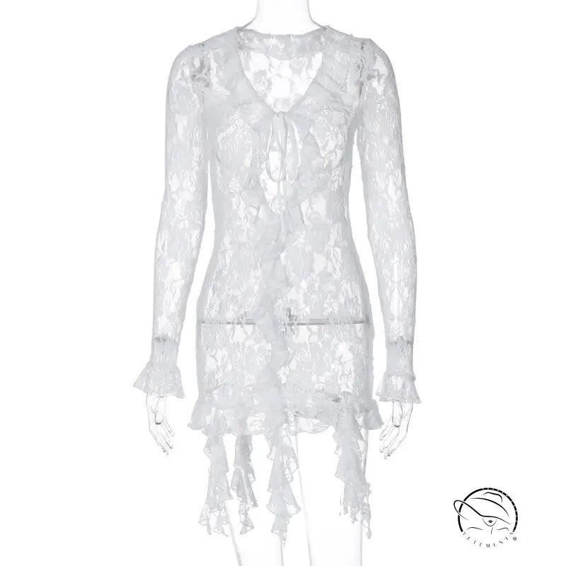 White lace sheath dress with long sleeves, ruffles, and asymmetrical hem. Free shipping