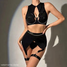 Black lingerie four piece set with chain steel ring push design accents for sensual style