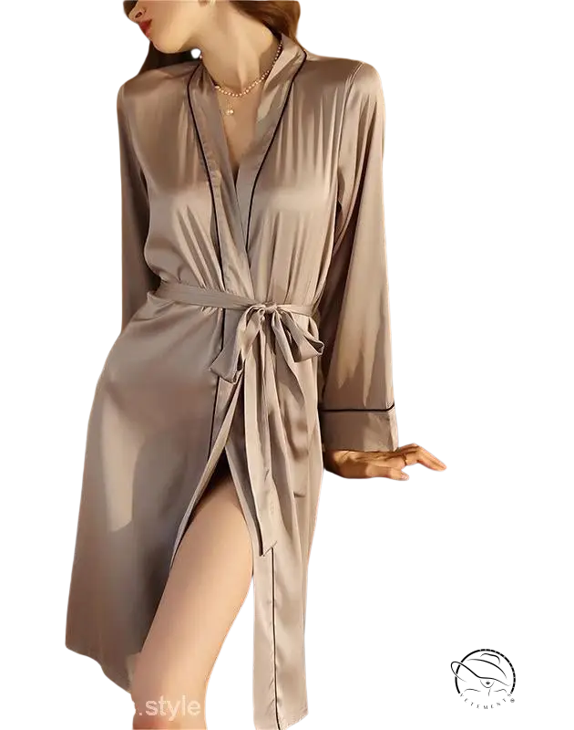 Gray satin wrap dress with long sleeves and tie waist for sexy light homewear