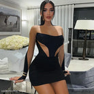 Black mesh slim fit dress with long sleeves and asymmetrical design elements