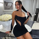 Black mesh slim fit dress with side openings and strapless design by Vetements