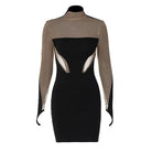 Black and beige mesh slim fit dress with long sleeves and stylish cutout details