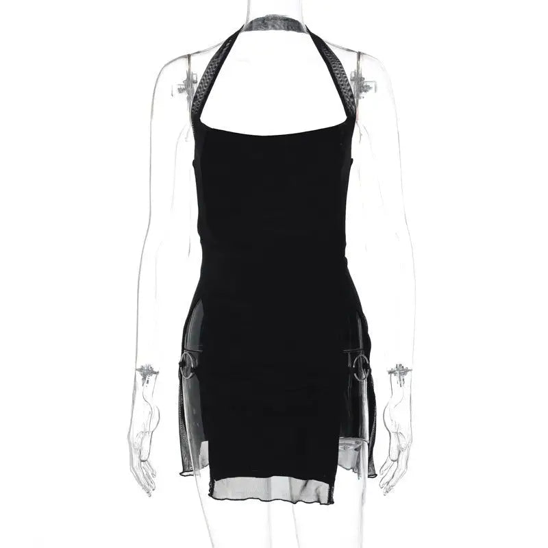 Black halter-neck mini dress featuring sheer side panels, perfect sexy short mesh style