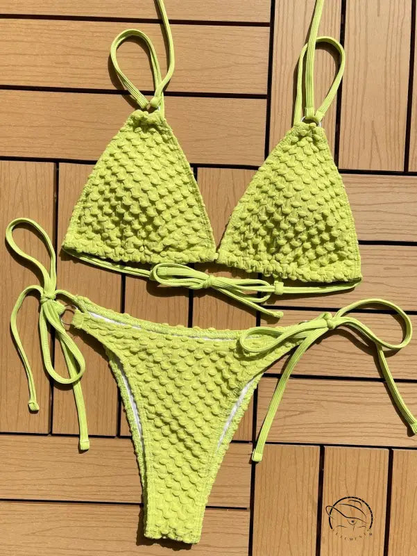 Lime green crocheted sexy single swimsuit with boho tie strap