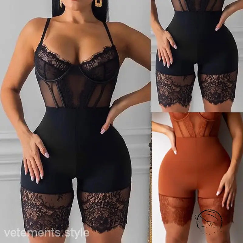 Sexy strappy low-cut bodysuit with lace details in black and rust