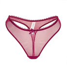 Pink sheer mesh underwear with burgundy lace trim, perfect for sexy T shaped panties