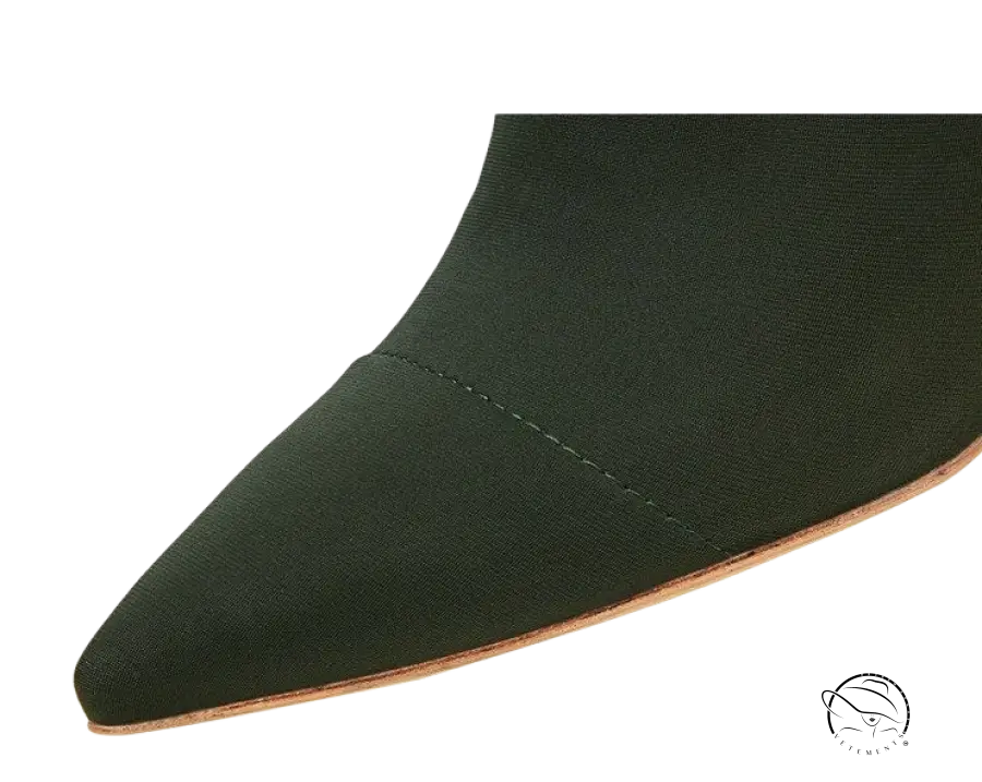 Pointed toe dark green stretch fabric high heels boots with wooden sole