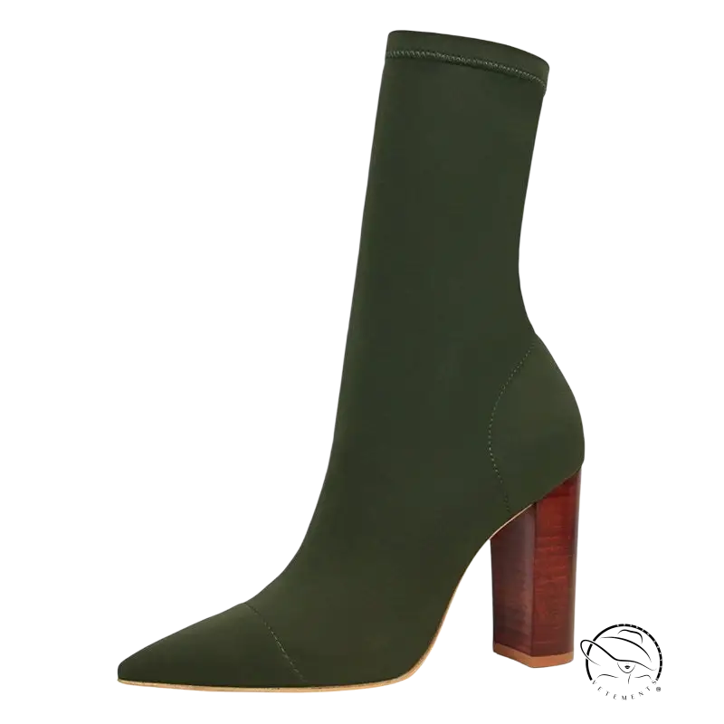 Dark green pointed-toe high heels boots with wooden block heel
