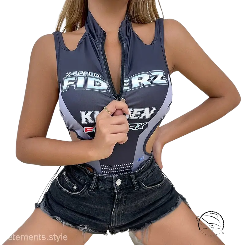 Sexy tight jumpsuit in dark gray and white with racerback, zip-front, cutouts, and backless summer design