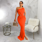 Orange Waist Cutout One Shoulder Maxi Dress, a sexy celebrity dress with free shipping