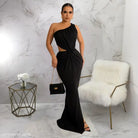 Elegant black one-shoulder dress featuring a sexy waist cutout with free shipping available