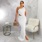 Elegant white one-shoulder dress featuring sexy waist cutout, available with free shipping