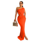 Woman in orange one-shoulder dress highlighting sexy waist, with free shipping available