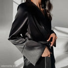 Elegant black silk wrap blouse with bell sleeves from Skin Friendly Cardigan Pajamas set