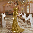 Sleeveless gold satin gown showcasing a slim fit cotton padded trailing evening dress
