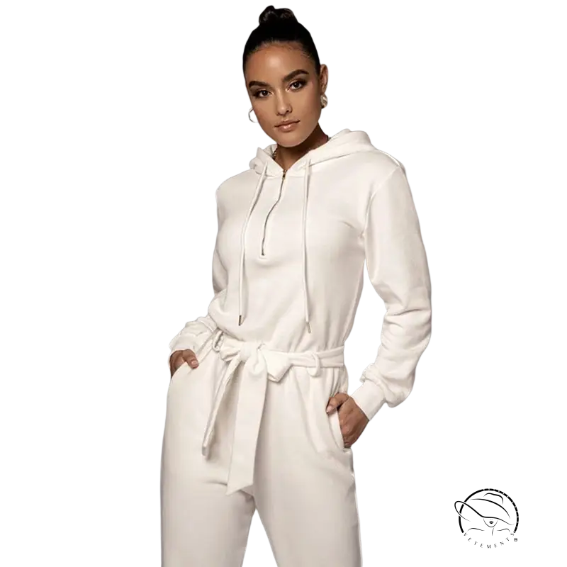 Slim fit hooded collar jumpsuit in white polyester with drawstring hood and belt
