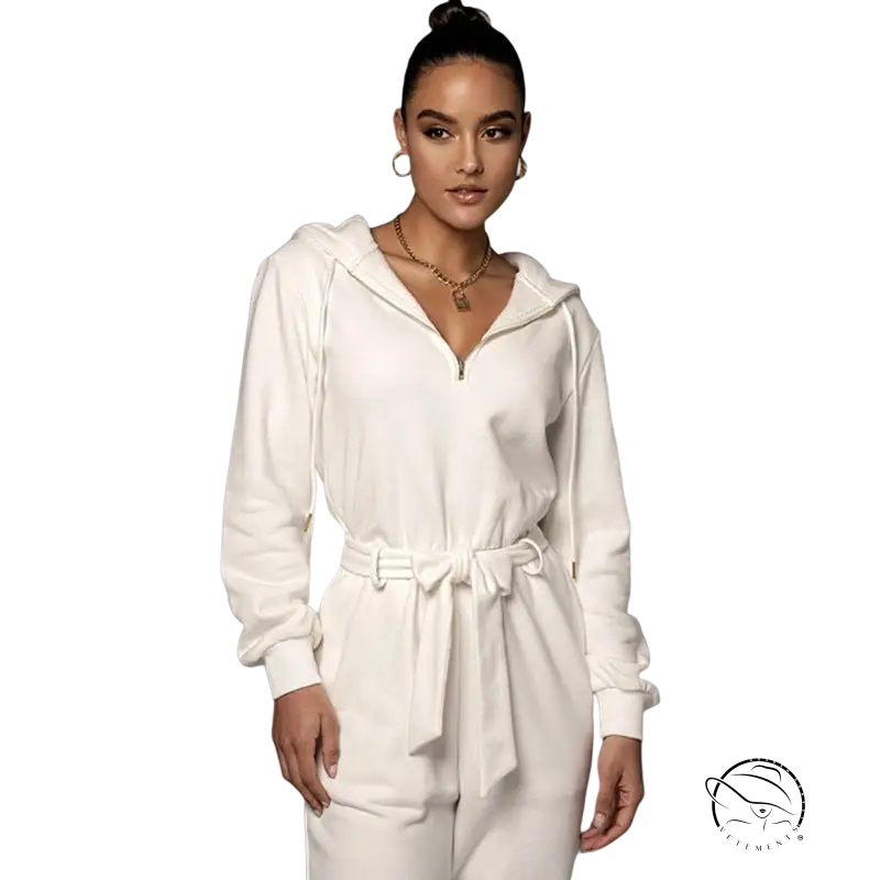 Slim fit hooded collar jumpsuit in white polyester with zip front