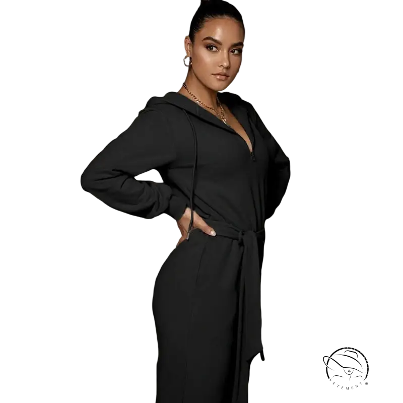 Slim fit hooded collar jumpsuit in black polyester with belted waist