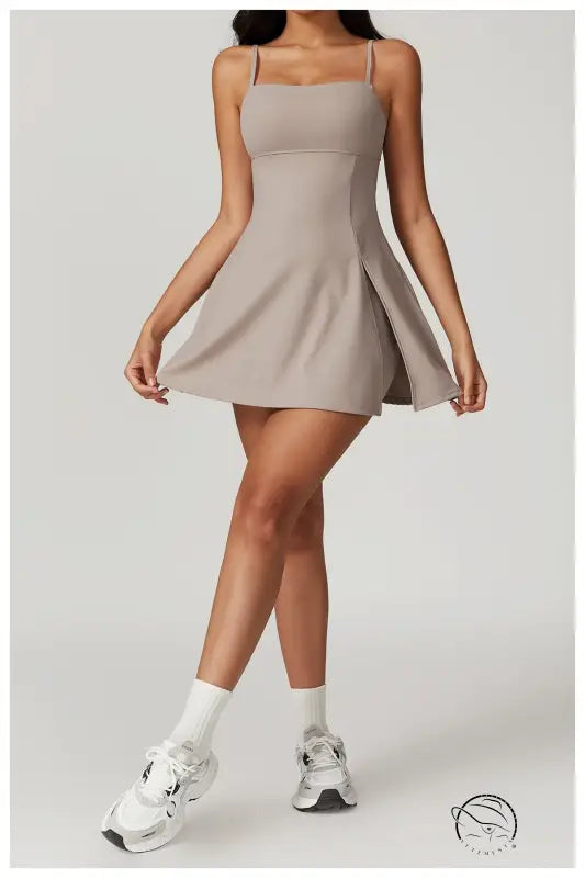 Beige spaghetti-strap mini dress in colored glaze blue and barbie pink