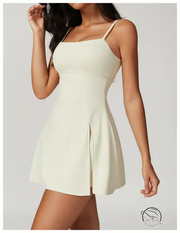 Cream-colored skater dress in barbie pink glaze with spaghetti straps