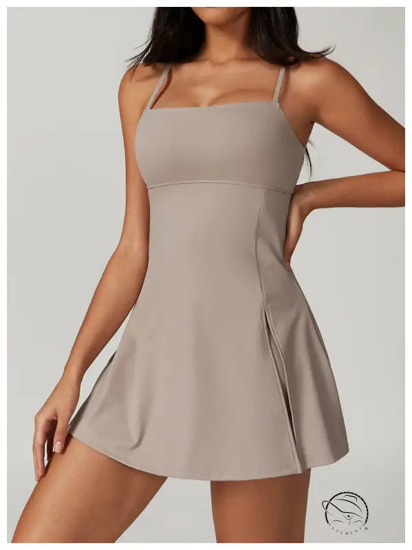 Beige skater dress in colored glaze blue and barbie pink with spaghetti straps