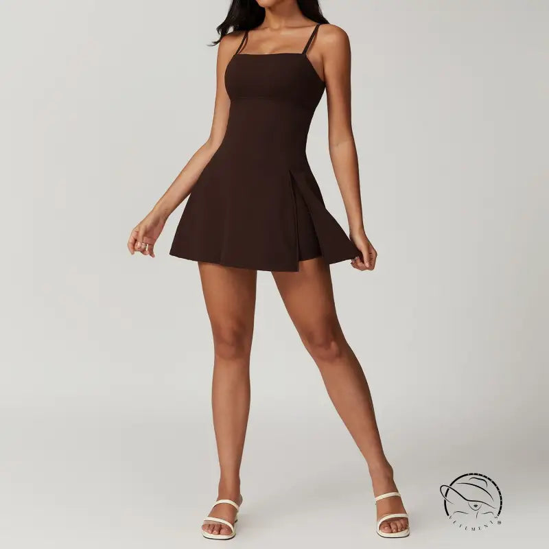 Brown spaghetti-strap mini dress in colored glaze blue and barbie pink