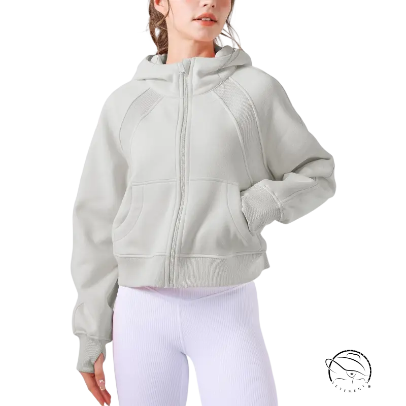 Heather grey soft zip-up hoodie with ribbed cuffs and hem