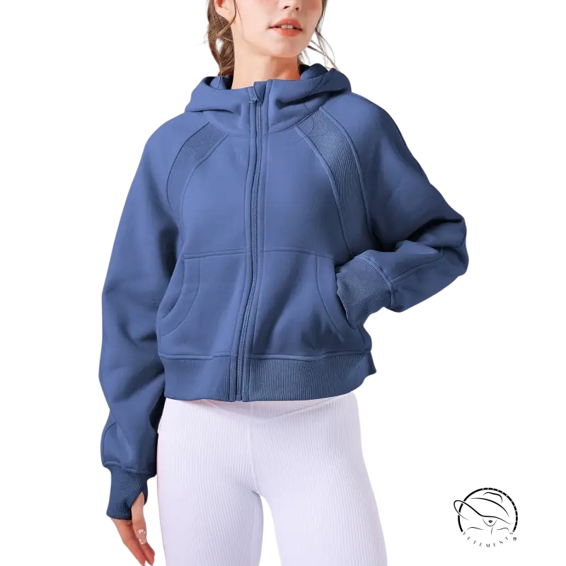 Blue zip-up hoodie in pink red flower, army green, heather grey