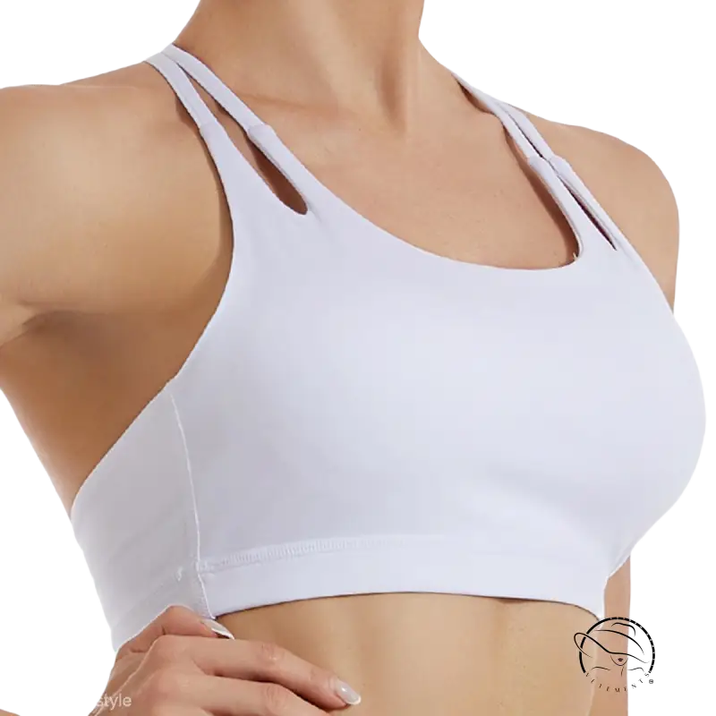 White sports bra with double straps in hydrangea purple and emerald green