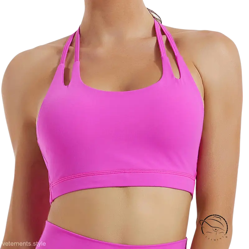 Bright pink fitness bra with double straps in hydrangea purple and emerald green
