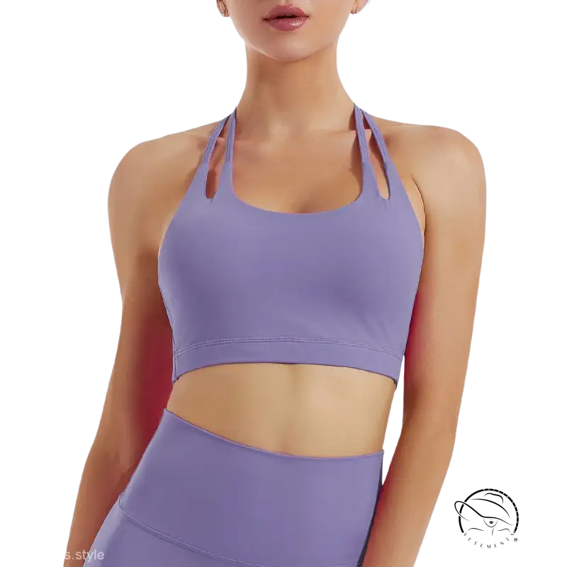Hydrangea purple fitness bra with emerald green halter neckline
