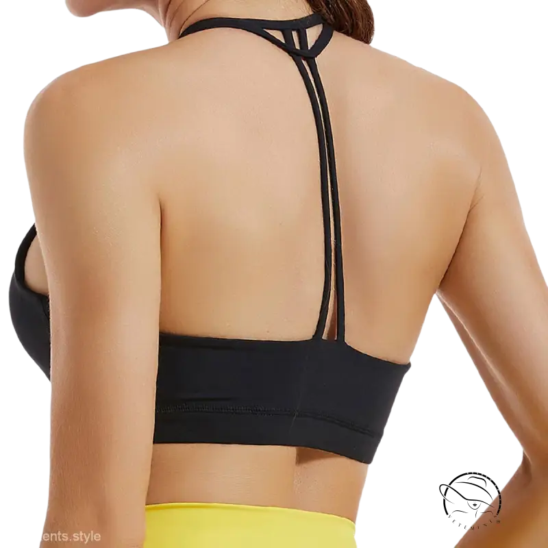 Hydrangea purple and emerald green fitness bra with black T-back strap design