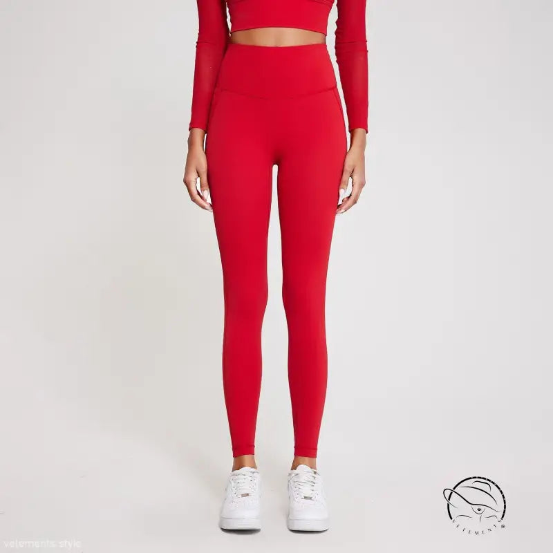 Wild berry sporty high rise nylon pants with red leggings, white stripes