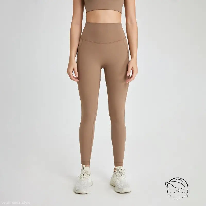 Sporty high rise nylon pants in wild berry color, beige leggings